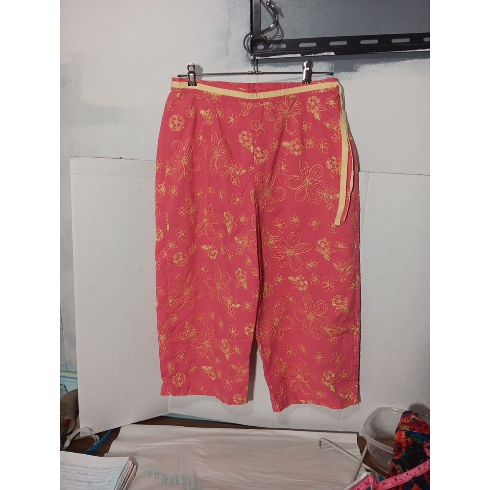 KAREN SCOTT SPORT CAPRI Ladies Pink Yellow Side Zip 2- Sided Elastic Waist Sz10‎
